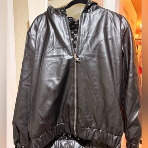 Black Faux Leather Zip Hoodie with Printed Lining REVERSIBLE FASHION INSPRD.